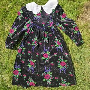 80s Cary San Francisco black velvet dress with purple bows, pink roses, and polk